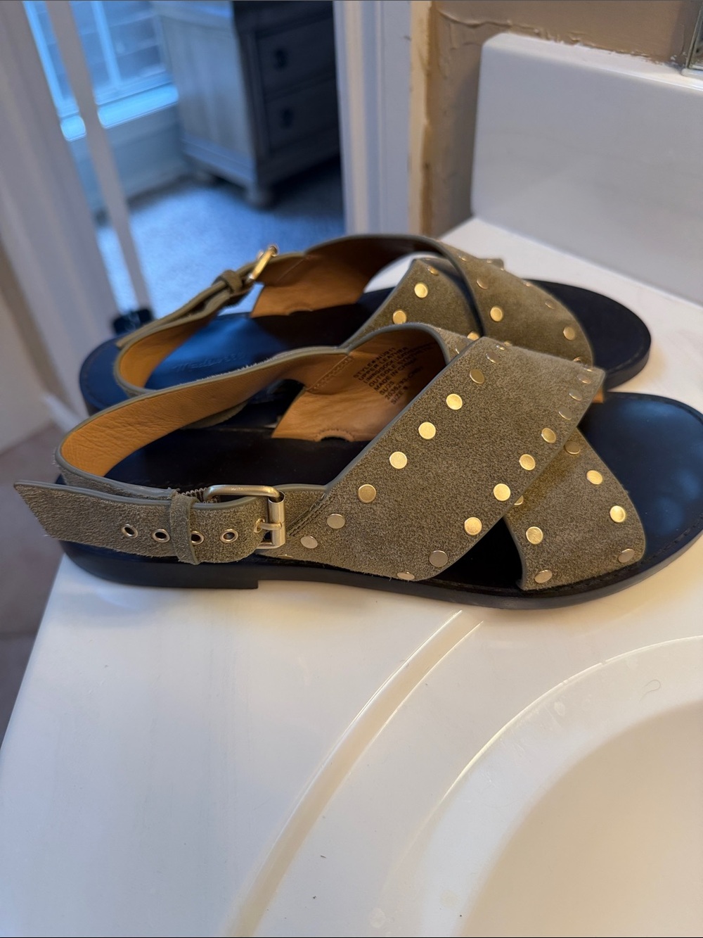 Madewell Olive Suede Studded Cross-Strap Sandals